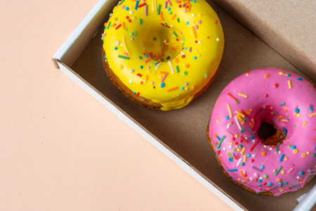 Colorful donuts in  cardboard box on beige background.の写真素材