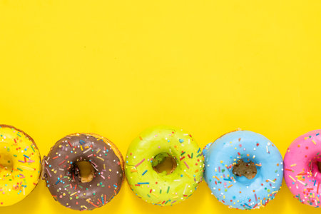 Colorful donuts on yellow background. Top view with copy spaceの写真素材