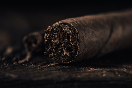 Cigar on a dark wooden background. Selective focus. Toned.の写真素材