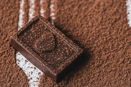 Close up of a chocolate bar and cocoa powder on a white backgroundの写真素材