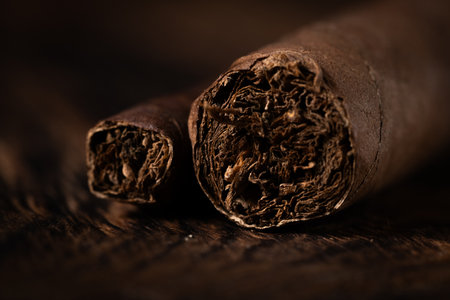 Cigar on a wooden background. Selective focus. Toned.