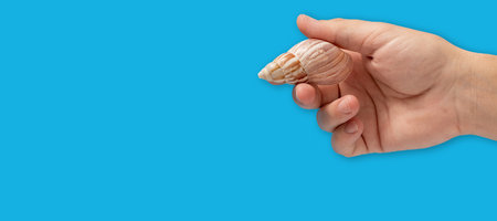 Hand holding a red object isolated on blue background. Copy space.