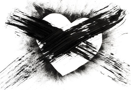 Black and white grunge heart with brush strokes on a white backgroundの写真素材