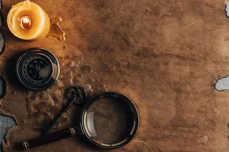 Magnifying glass, vintage key, compass and candle on background   old and dirty paper.の写真素材
