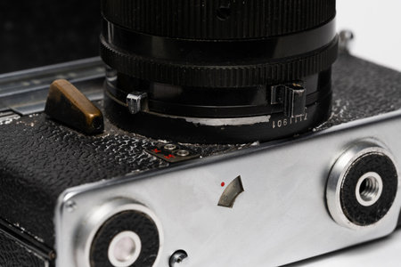 Old camera on a black background close-up. Shallow depth of fieldの写真素材