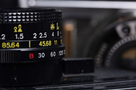Old camera lens close up. Selective focus. Shallow depth of field.の写真素材