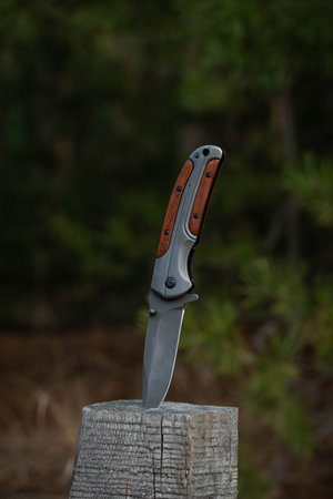 Hunting folding knife on  background  forest.の写真素材