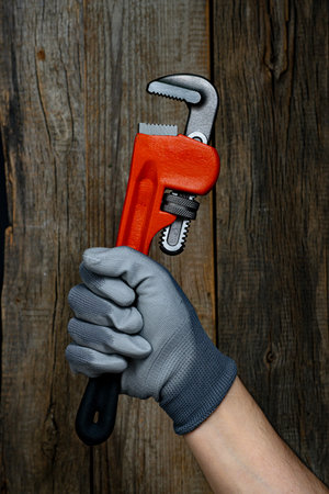 Adjustable pipe wrench in hand  worker on wooden background.の写真素材
