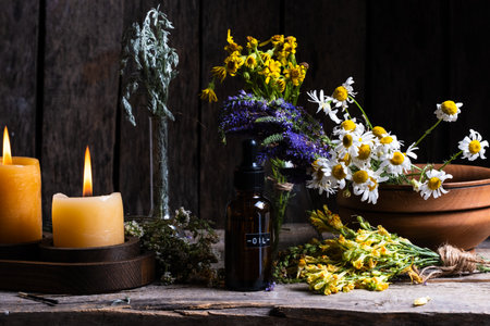 Essential oil with herbs and flowers on wooden background.の写真素材