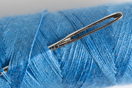 Closeup macro photography with needle and blue thread.