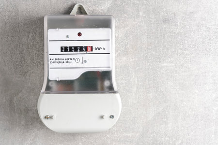 Electricity meter on concrete wall background with copy space for text.