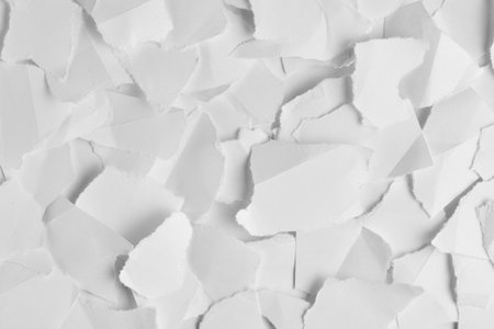 Scattered fragments torn white paper arranged chaotically against light grey background