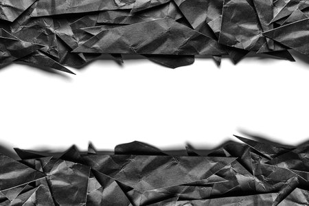 Abstract frame made of black crumpled paper on white background. Textured border with copy space for edgy designsの写真素材