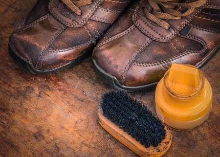 Shoes on the wooden backgroundの写真素材