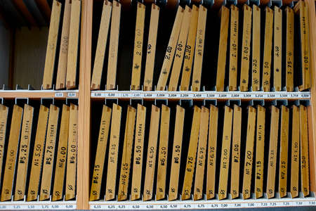 shelves with screens for sifting grains of different sizesの写真素材