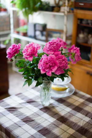 Glass vase with peonies on a table with a checkered tableclothの写真素材