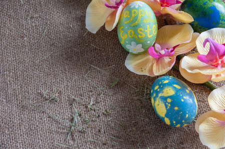 Easter eggs, painted in the colors of orchidsの写真素材