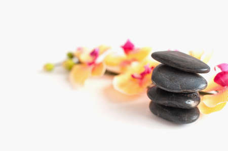 four stones for Spa treatments and Orchid flowers on white backgroundの写真素材
