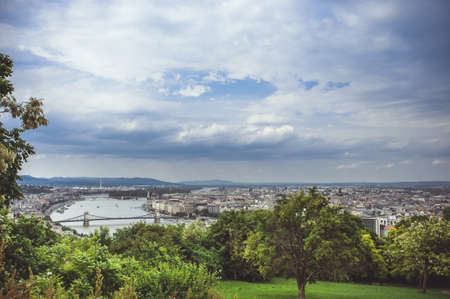 Panoramic view of Budapest under the rain cloudsの写真素材