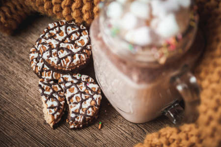 Glass Cup with cocoa and marshmallows, chocolate chip cookies and yellow scarf