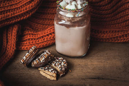 Cup with cocoa and marshmallows, chocolate chip cookies and orange scarfの写真素材