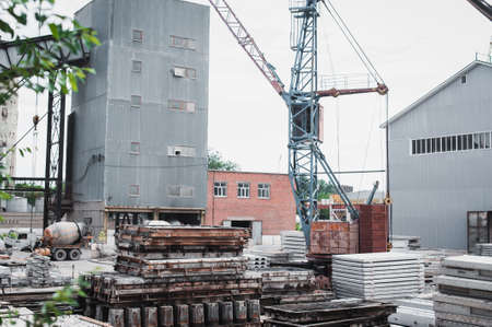 Precast concrete, Cement slab floor concrete slab stacked on the yard.の写真素材