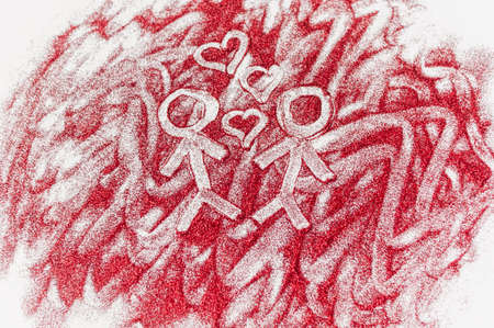Men drawn with hearts on red glitter on a white backgroundの写真素材