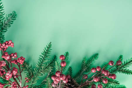 Christmas decorations with red berries and fir branches on a beautiful mint backgroundの写真素材