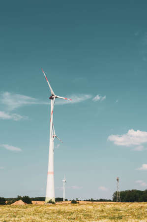 Windmills against the blue sky. Poppy and chamomile fields of Europe. The concept of eco-friendly electricity.の写真素材