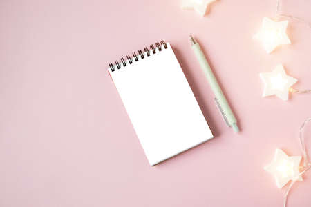 White sheet, pen and a plant on a pink background. The concept of planning and recording goals for the new year. Top view of stationery and Christmas. Place for your textの写真素材