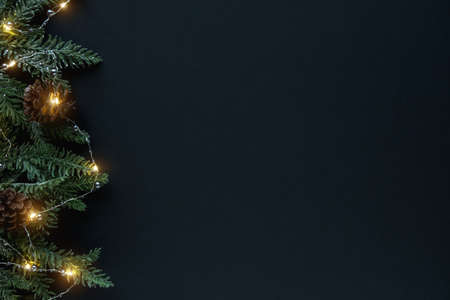 Christmas or new year dark background with space for text. Christmas tree branches, cones and red berries decorated with garland. Flat lay, copy spaceの写真素材