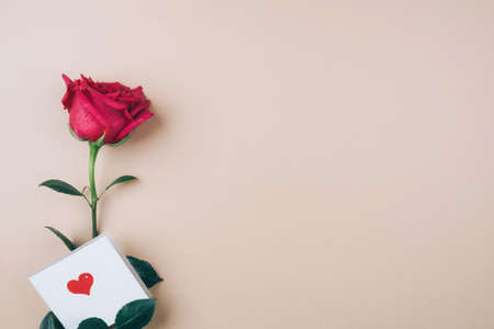 Greeting background with a rose and a love note. Space for textの写真素材