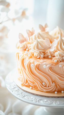 Elegant rococo style cake with buttercream roses and pearl details for special occasions.の素材