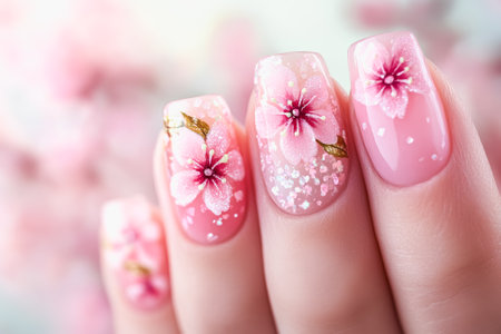 Elegant floral manicure with cherry blossom nail art for spring fashion inspiration.の素材