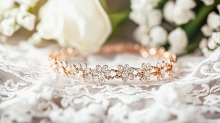 Elegant gold bracelet with floral design for wedding or special occasion.の素材