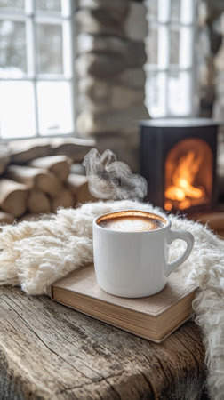 Cozy winter moment with coffee cup and fireplace ambiance.の素材