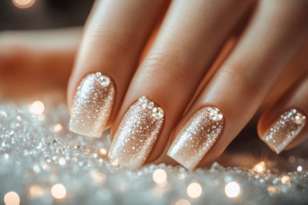 Elegant celebration with glitter nails and champagne for festive occasions.の素材