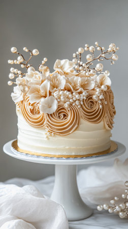Elegant rococo style cake with floral and pearl decorations for celebrations.の素材