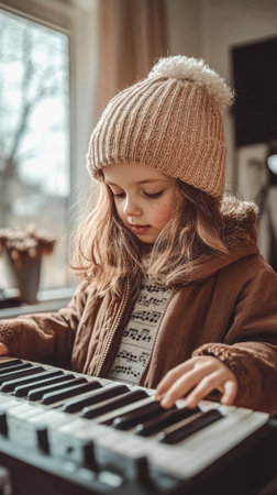 Child playing keyboard indoors in cozy winter attire, embracing musical creativity.の素材
