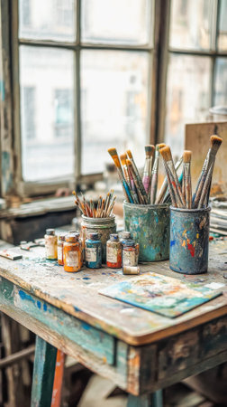 Creative workspace with paintbrushes and paints on rustic wooden desk in artistic studio.の素材