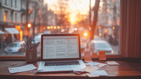 Creative workspace with laptop and sunrise view for inspirational ideas.の素材
