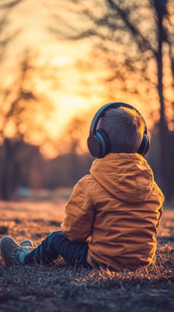 A boy in headphones sits on the grass, watching the sunset. Autumn forest, warm light, a quiet moment of solitude and reflection.の素材