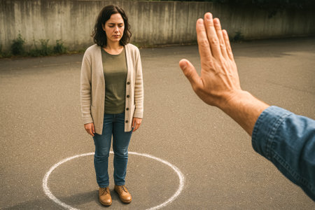 A young Hispanic woman stands inside a chalk circle on a pavement. A hand reaches out towards her, suggesting a barrier or separation. The scene conveys themes of isolation and boundaries..の素材