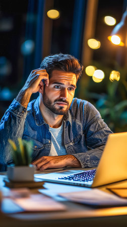 Young job seeker sitting at desk with laptop in cozy evening setting.の素材