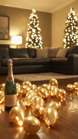 Cozy living room celebration aftermath with balloons and champagne.の素材