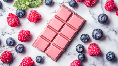 Gourmet pink chocolate bar with fresh raspberries and blueberries on marble background.の素材