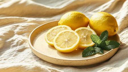Fresh lemons with mint on ceramic plate - nature's refreshing display for kitchen decor.の素材