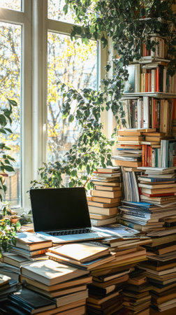 Cozy reading nook with stack of dusty old books and laptop by sunny window.の素材