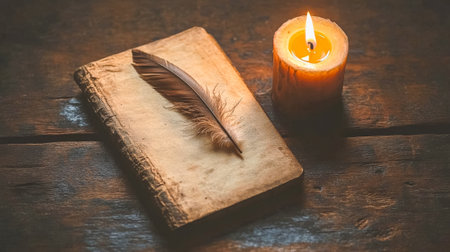 Rustic charm: antique wooden table with vintage book, feather, and candlelight ambiance.の素材