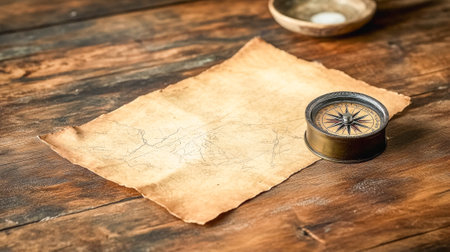 Vintage exploration concept with old paper map and traditional compass on wooden surface.の素材
